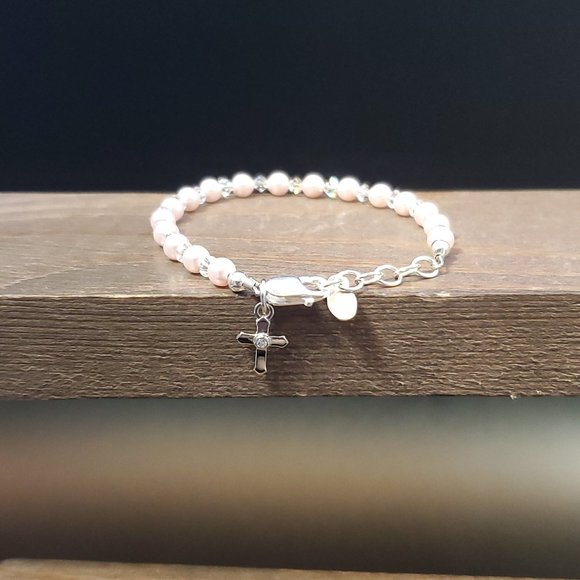Jewelry - 6 Inch Sterling Silver Petite Faux Pearl Cross Charm Bracelet